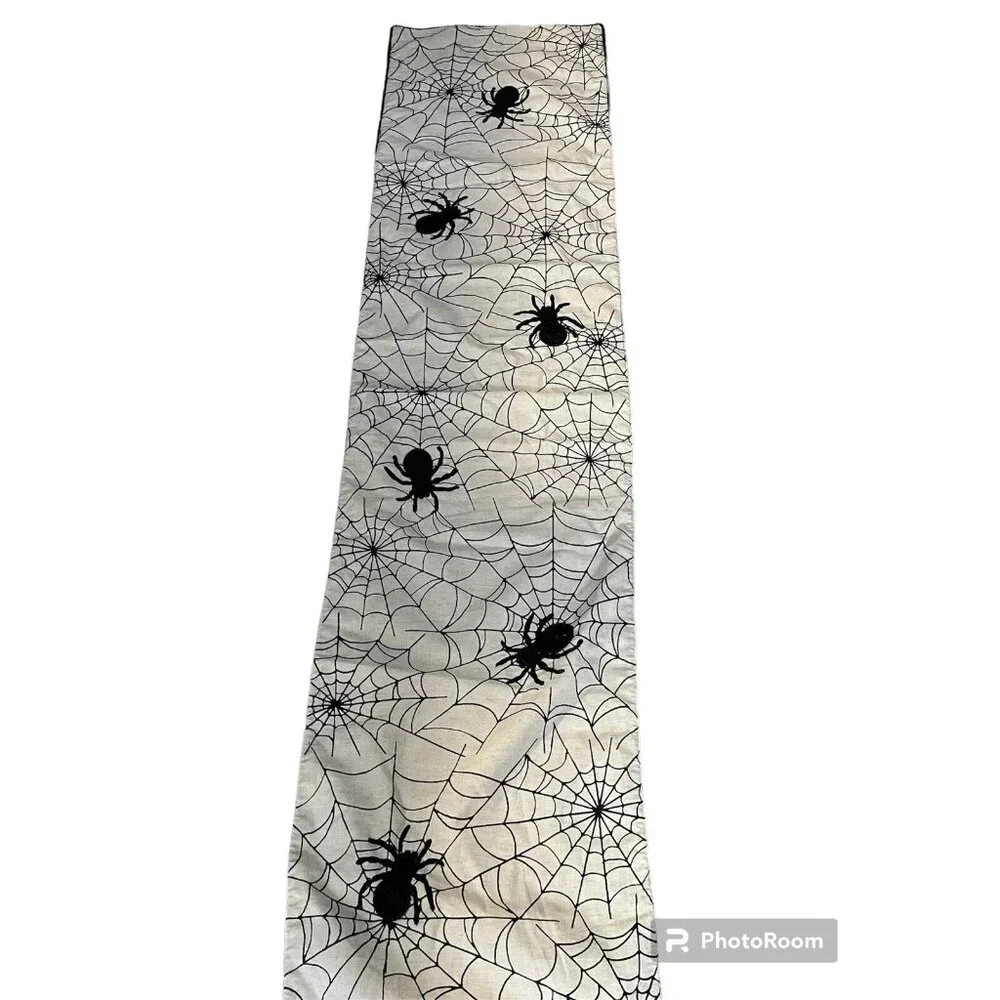 Black Spider Web Black Beaded Halloween Table Runner Hallow Home 71” x‎ 17”  EL1